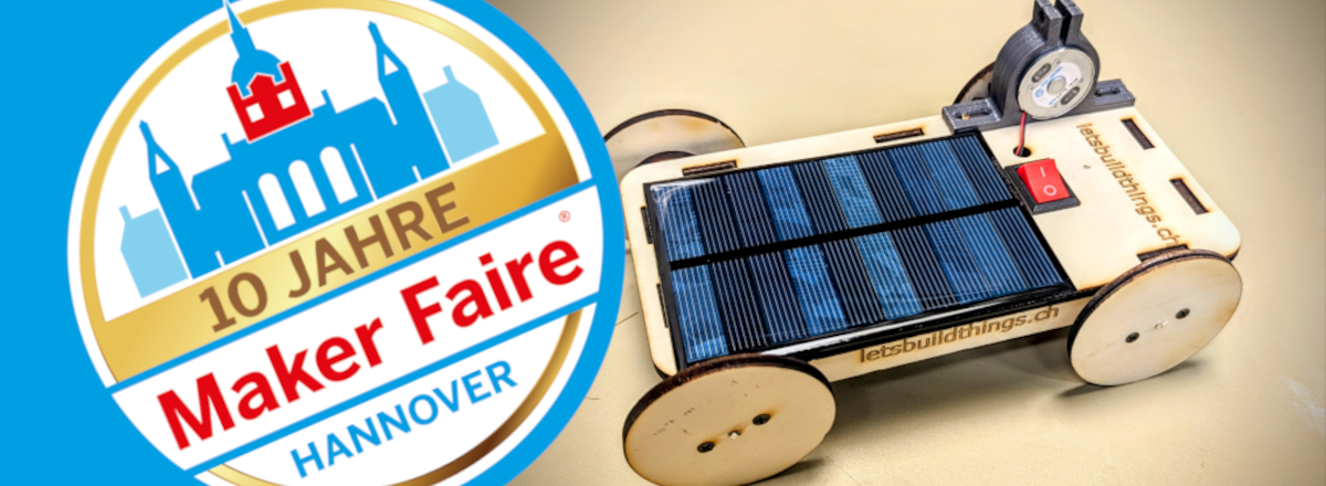 Logo der Maker Faire Hannover und ein Selbstgebautes Solarauto